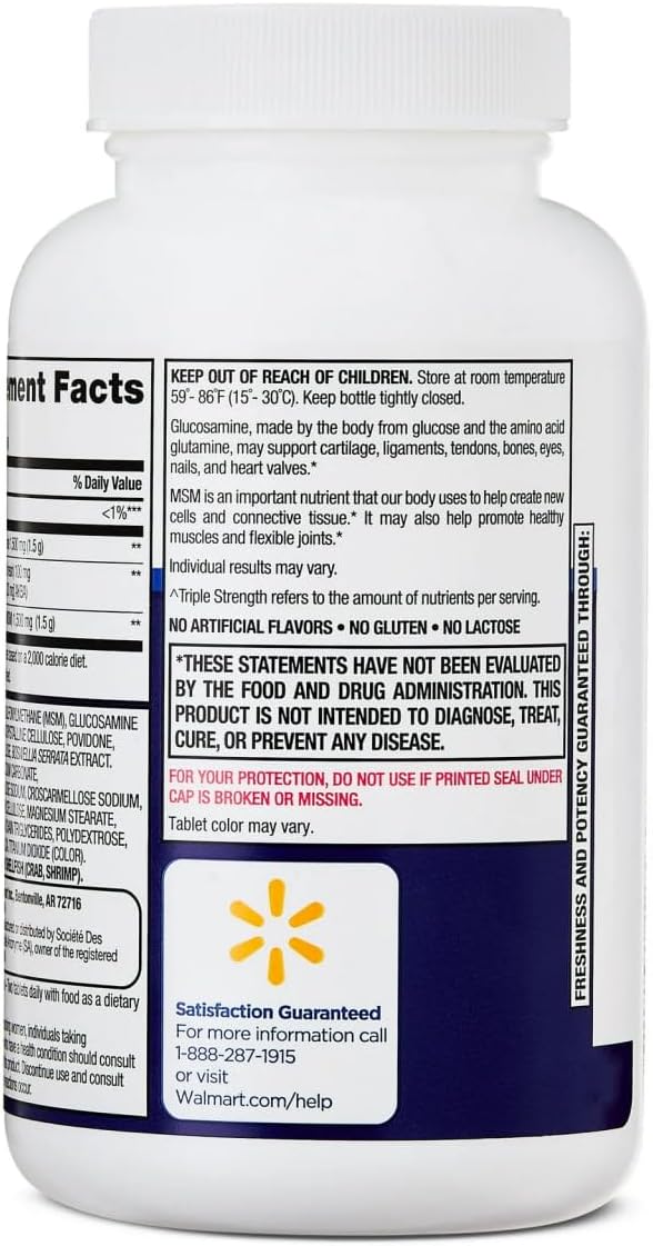 Equate Triple Strength Glucosamine HCI 1500mg + MSM 1500mg + Boswellia Extract Tablets, 80 Count Sticker