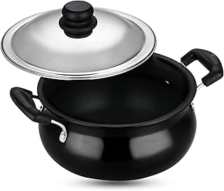 Vinod Black Pearl Hard Anodised Handi – Stainless Steel Lid – Medium Size – 5 Liters (5.2 Quarts) – Suitable For Biryani, Pulao, Gravy –Aluminum Pot - Metal Spoon Friendly – 21 Cups