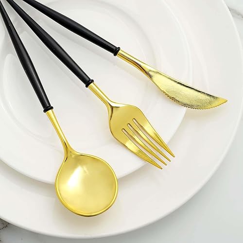 Vista 94 de Efavormart - Juego de cubiertos de plástico resistente de 8 pulgadas, cubiertos de plástico con mango rojo Dorado/Rojo