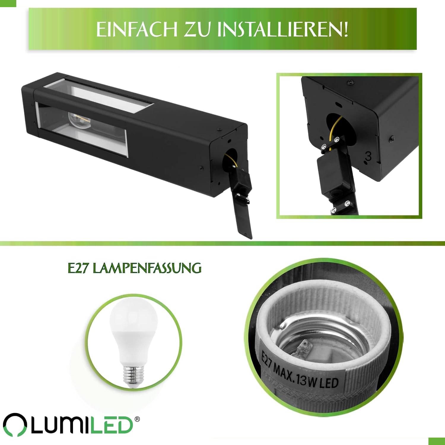 Lumiled Außenleuchte Pollerleuchte Außenstehleuchte Stehlampe Wegeleuchte Gartenleuchte Wegelampe stehend 50 cm IP44 Schwarz rechteckig spritzwasserdicht Aluminium E27 Fassung max 13W