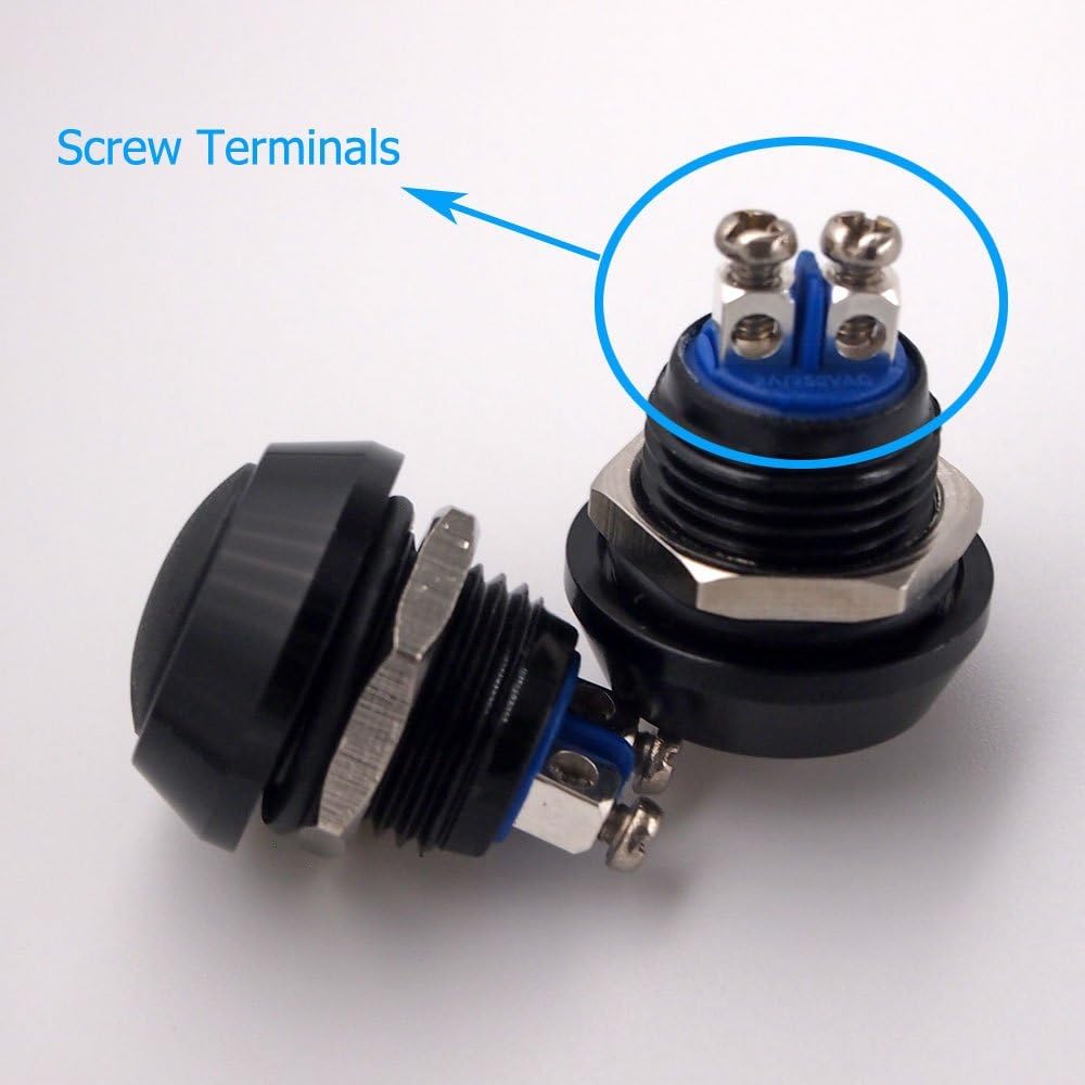 URTONE Momentary Push Button Switch, UR123, 1NO SPST DC/AC 36V 2A Aluminum Alloy Metal Shell Suitable for 12mm 1/2" Mounting Hole - Black