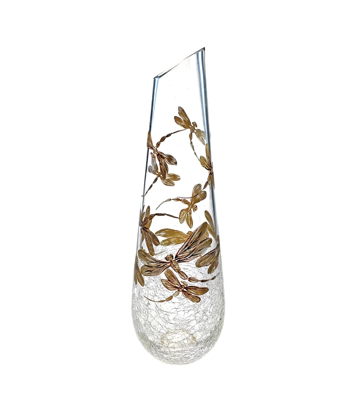 7339/320/GDF 12.75"-Height Glass Vase Golden Dragonflies, Hand Painted, Handmade, Glass Centerpiece Vase