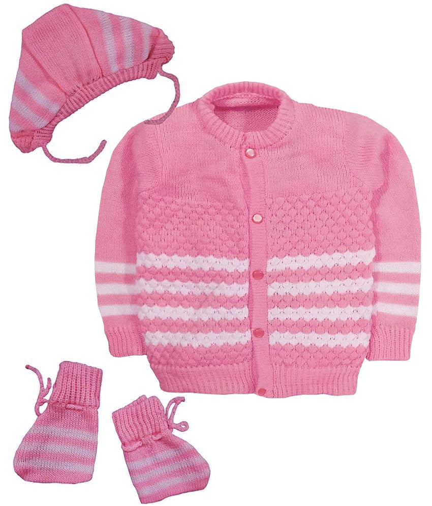 Baby Boy’s & Baby Girl’s Woolen Round Neck Long Sleeves Sweater, Cap & Booties Set-image-9