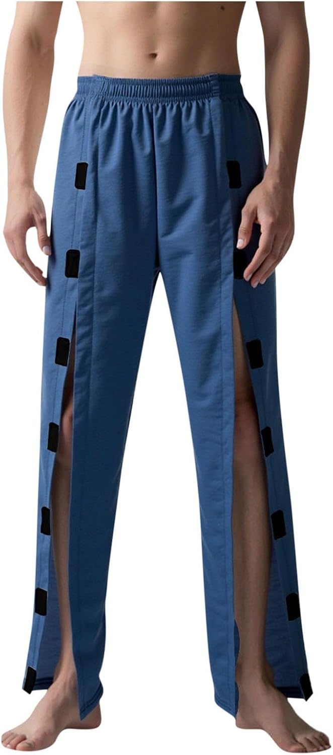 Tear Away Pants for Men Women 2 Side Snap Open Bottom Sweatpants Loose Fit Casual Post Surgery Pants with Pockets