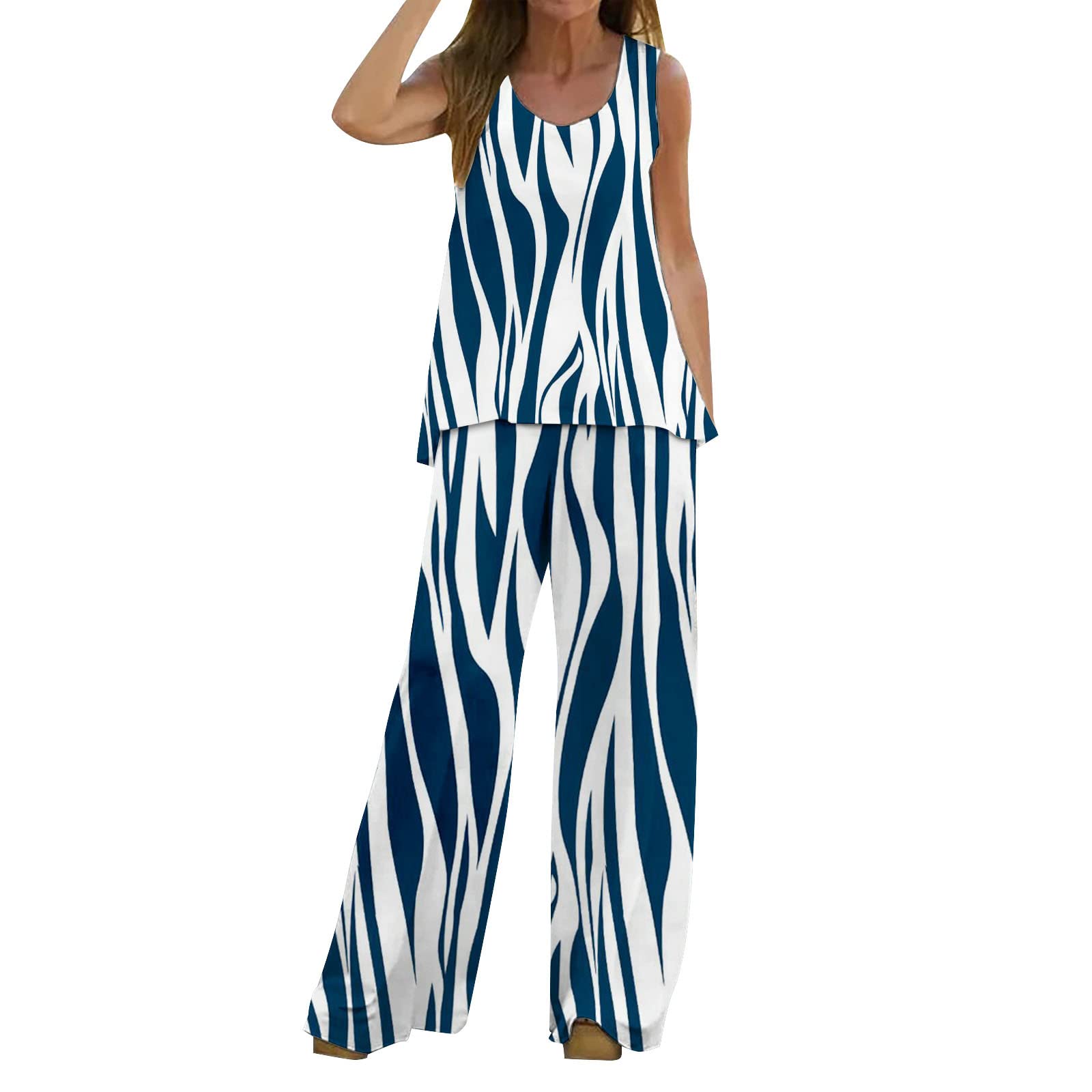 NJGRAE Conjuntos De 2 Piezas para Mujer Conjunto de 2 Piezas para Mujer, Chaleco Estampado Informal Bohemio, Top sin Mangas, Pantalones de Pierna Ancha Holgados, Conjunto de Dos Piezas