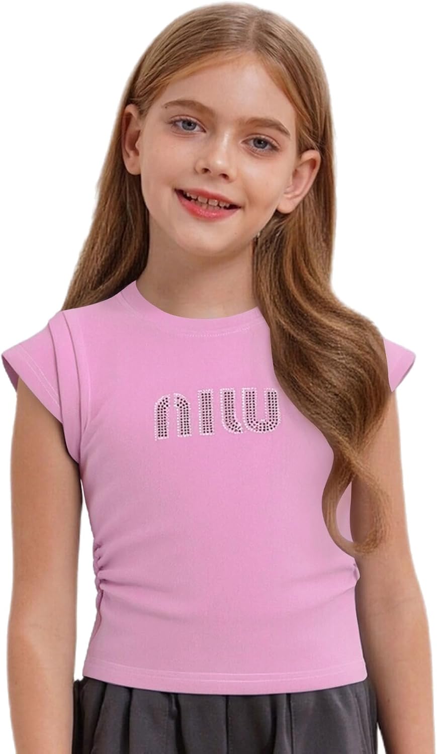 Kaerm Kids Girls Short Sleeve Workout Tee Athletic Dry-Fit T-Shirts Sleeveless Ruched Letter Tops