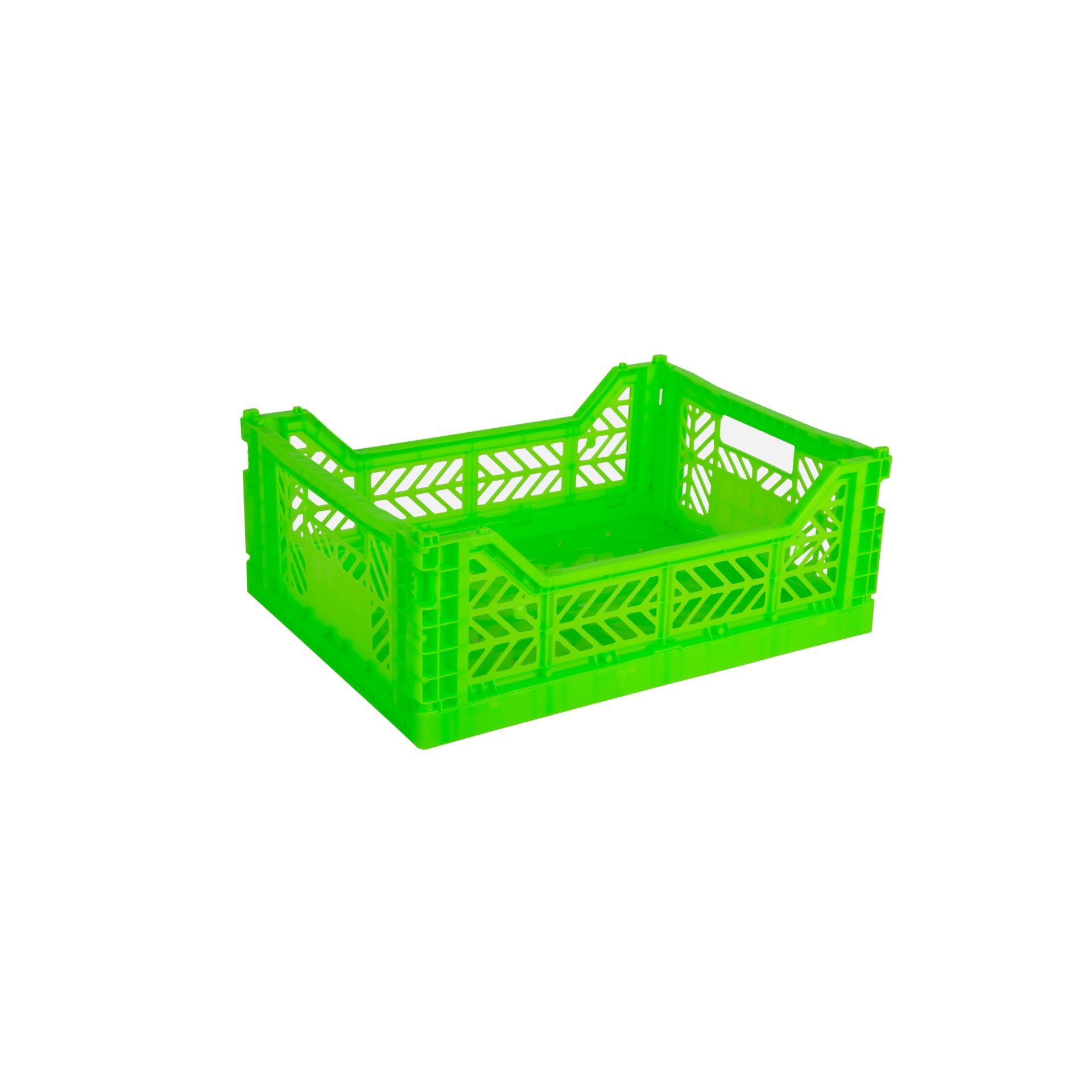 Ay-Kasa Folding Crate, Sturdy Folding Box, Plastic, Stackable, Neon Green, Midi (40 x 30 x 14 cm)