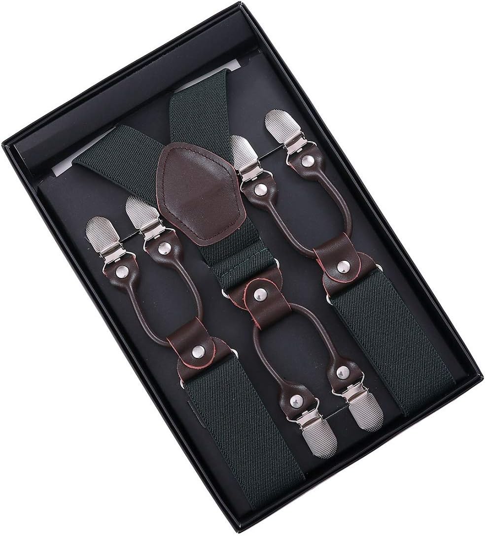 Men Suspenders KANGDAI Suspenders For Men Dark Green 6 Clips Wide 1.4" Y Back Heavy Duty Men Braces Elastic Durable Suspenders Strong Metal Clips (Dark Green)