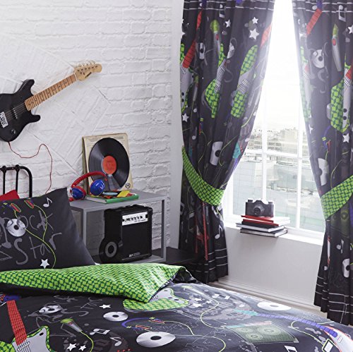 Kidz Club Curtains, Fully Lined, Pencil Pleat Headed-Matches Guitar Rock Duvet Covers, Polyester-Cotton, Black, 183 x 168 x 0.1 cm