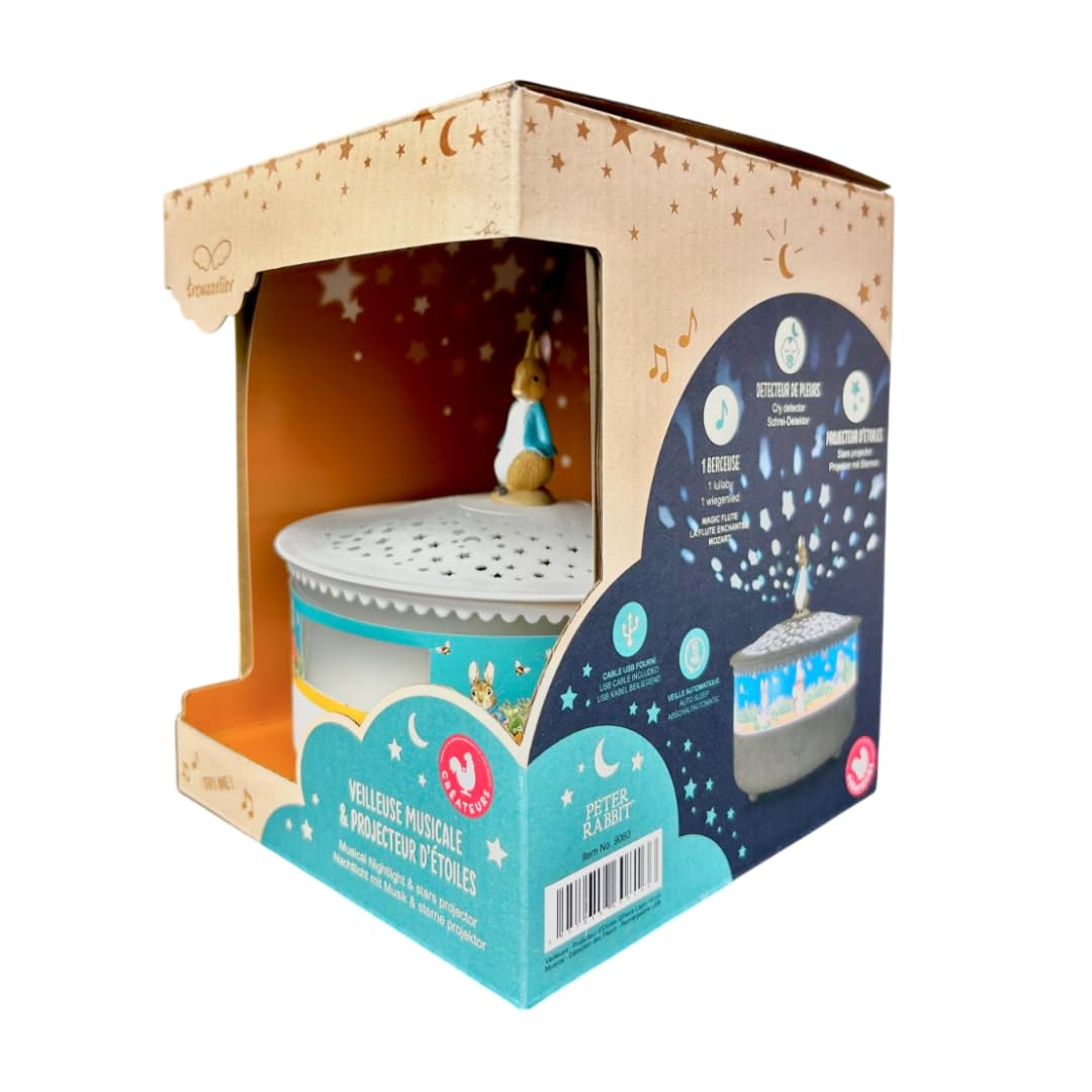 Trousselier - Lampka nocna - Gwiazdy Projektor Kamień Królik © 14 Cm - Muzyczne - Wykrywanie Płaczu - Akumulator USB