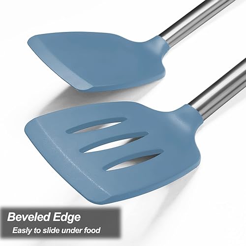 Miniatura 6 de Paquete de 2 espátulas, juego de espátulas de silicona sólida y ranurada, mango de acero inoxidable recubierto con silicona, antiadherente, aleta de