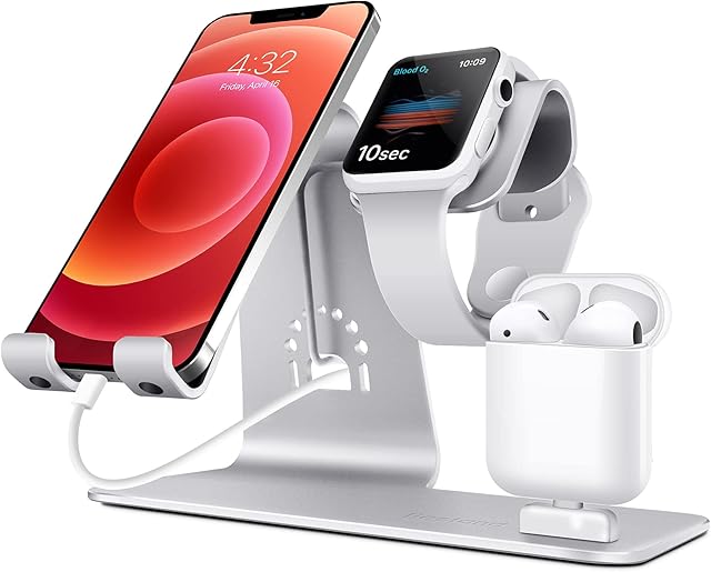 Bestand 3 in 1 for Apple iWatch Stand, Airpods Charger Dock, Phone Desktop Tablet Holder for Airpods, Apple Watch/iPhone X/8 Plus/8/7 Plus/iPad,Silver(Airpods Charging Case NOT Included)