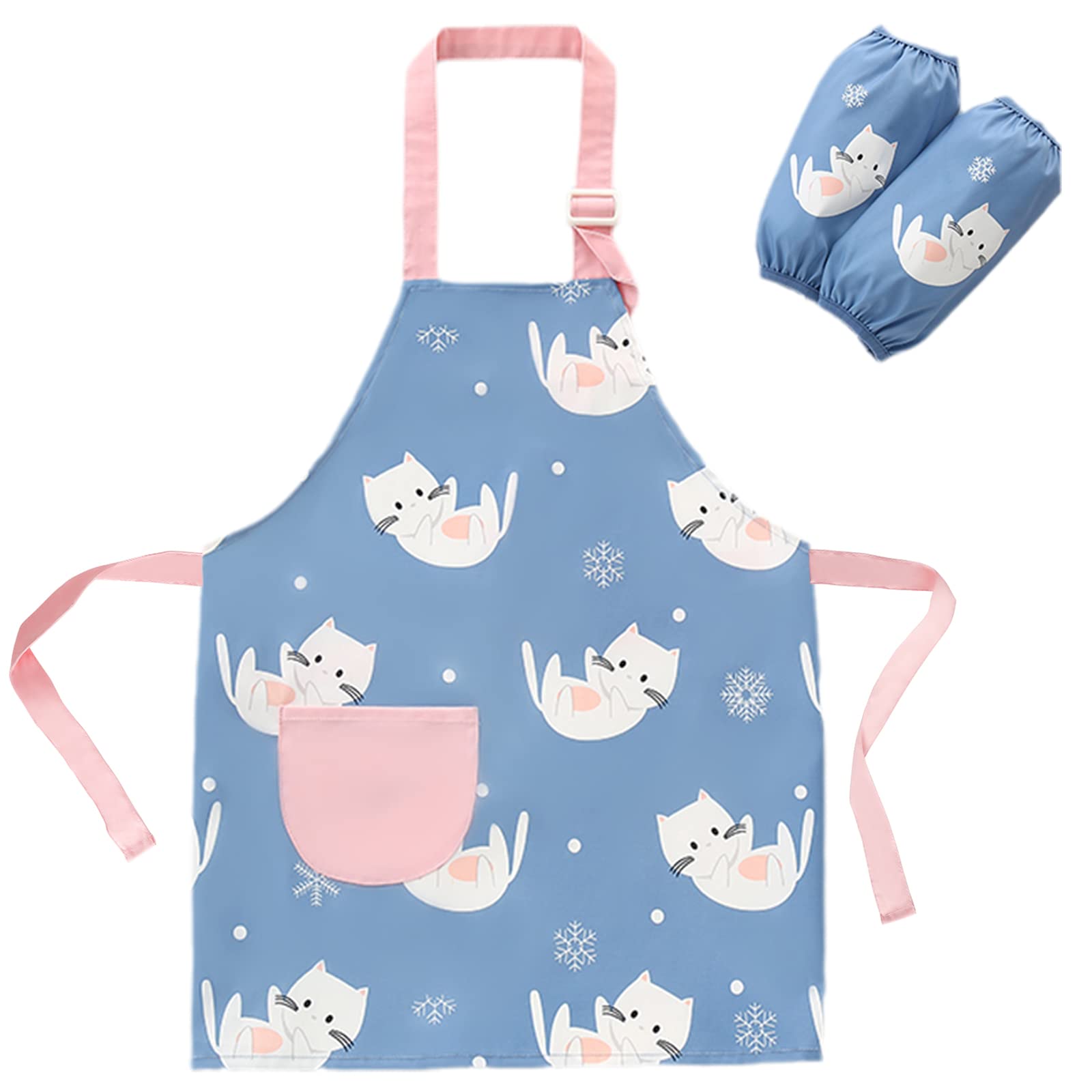 SUNNEKO Children's apron, girl's kitchen apron, 8 to 12 years old apron and hat for children, waterproof, with pockets for children, girls, adjustable artist, chef, cooking, painting, craft