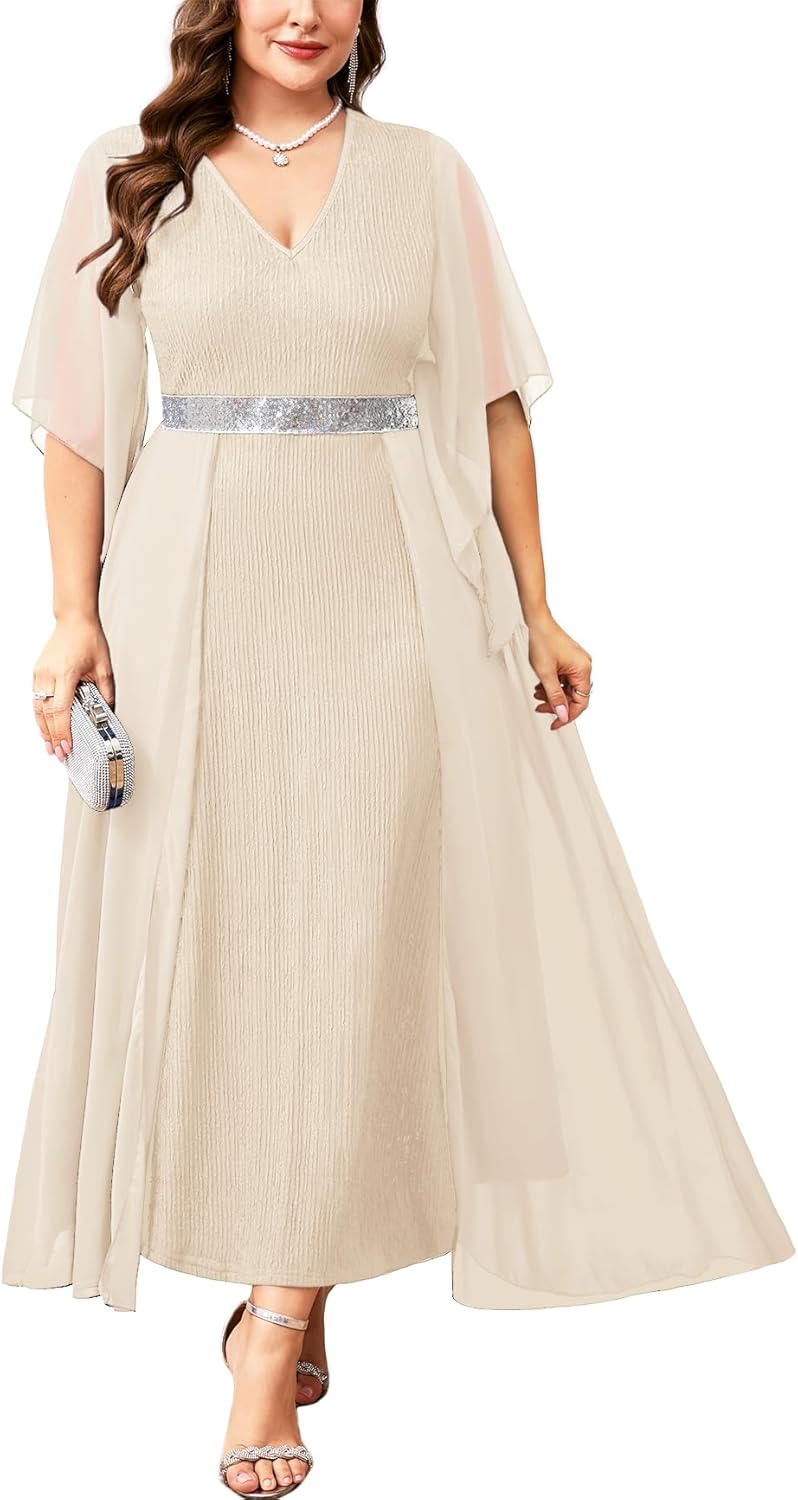 ZOMVA Plus Size Formal Dress V Neck Chiffon Handkerchief Sleeve Mother of Bride Dresses Wedding Guest Party Evening Gown