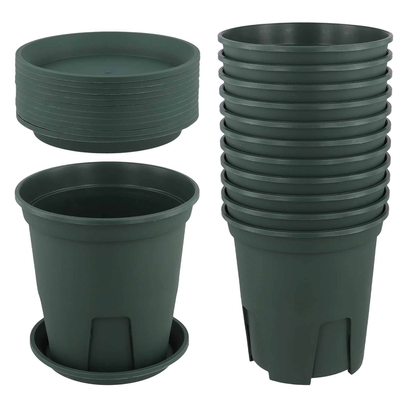 LEXININ 12 Pcs 15cm Green Plastic Plant Pots, 6 Inch Flower Pot Root with Saucer for Indoor Outdoor Bonsai Plants