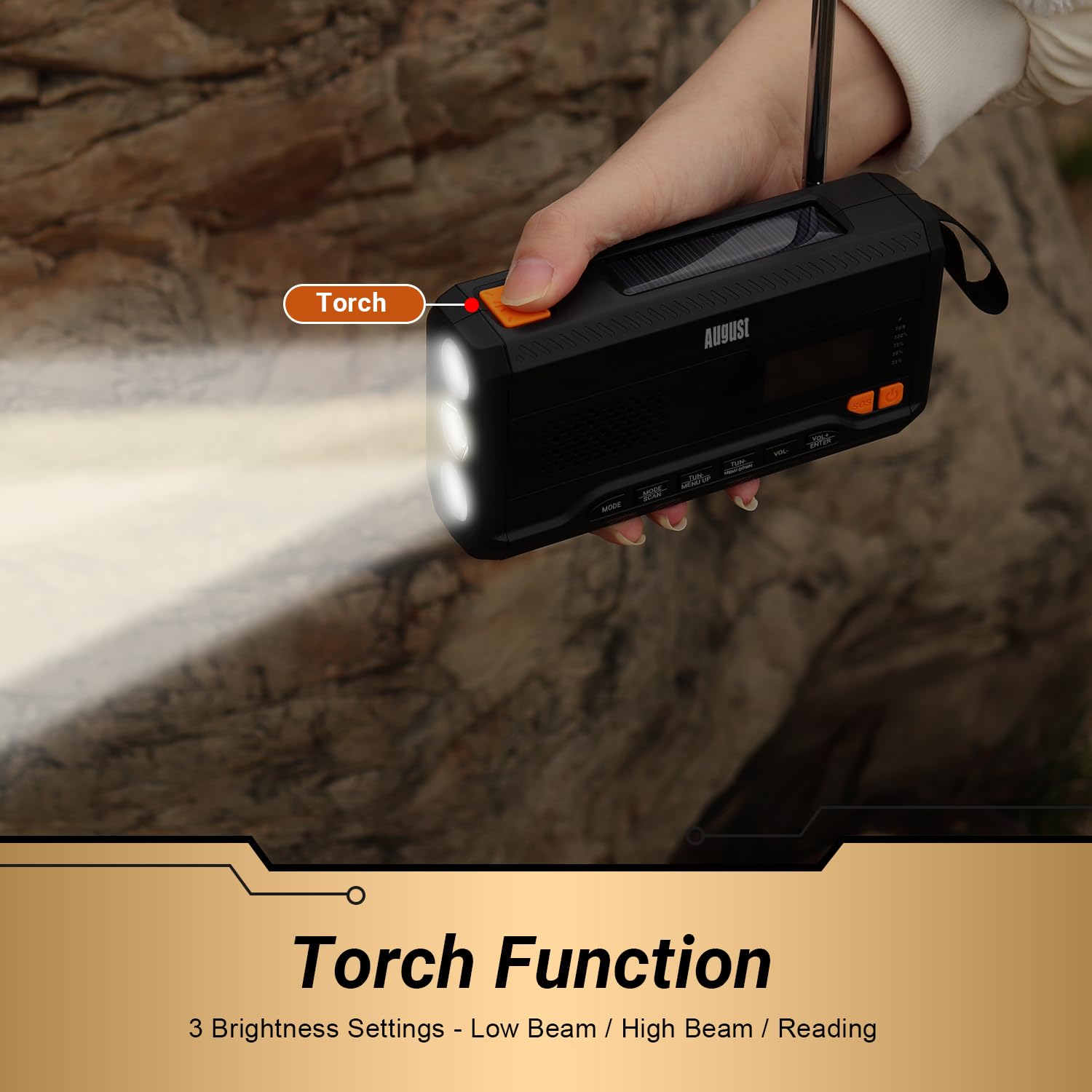 August MB290B Kurbelradio DAB/FM/Bluetooth - Solar Radio 4500mAh wiederaufladbare Powerbank, 3 Modi LED Taschenlampe Sleeptimer SOS-Alarm 3.5mm Notfallradio mit Handkurbel für Camping Wandern Zelten