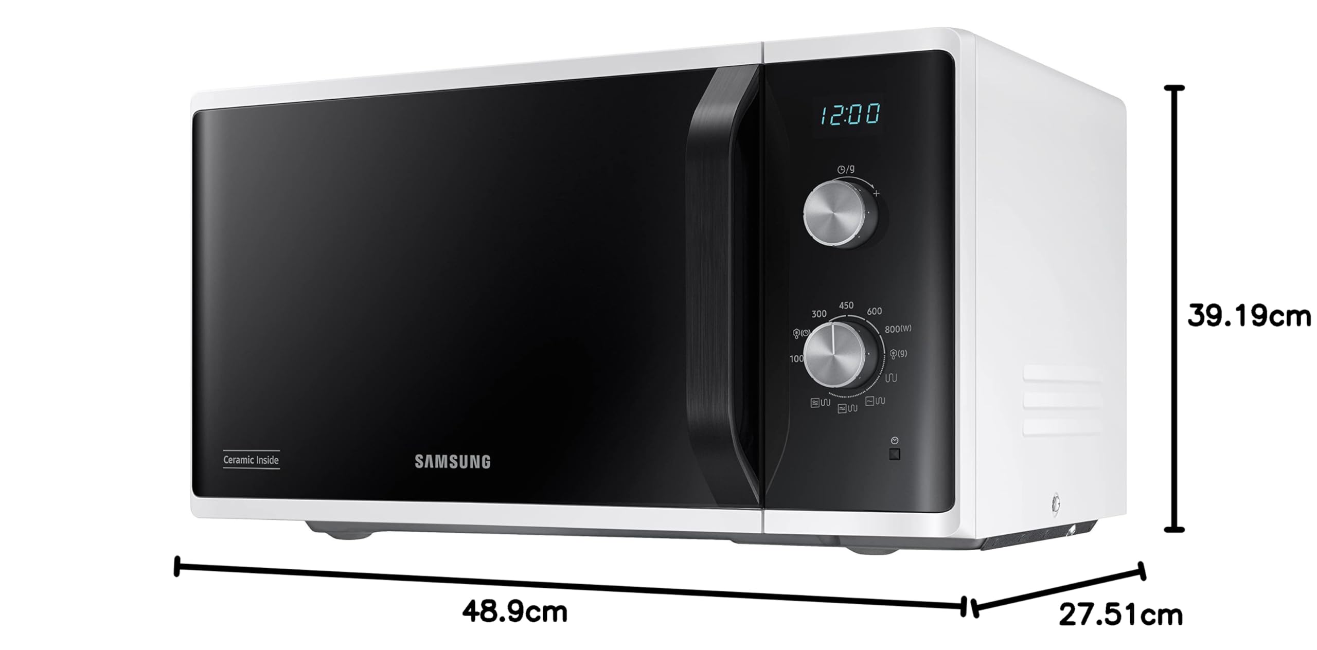 Samsung Four à micro-ondes Grill, à libre installation, Dual Dial MG23K3614AW/ET, Cuisson croustillante, AutoDefrost, Micro-ondes + Grill 800W + 1100W 23L 49L x 27,5H x 39P Blanc