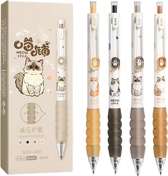 MOZXIRZ 4 Pcs Cute Retractable Pens Cat Gel Pens Cartoon Pen 0.5mm Black Ink Writing Pen Aesthetics Pens Kawaii Pen for Girls Women Boy Office School Pens Cute Cat