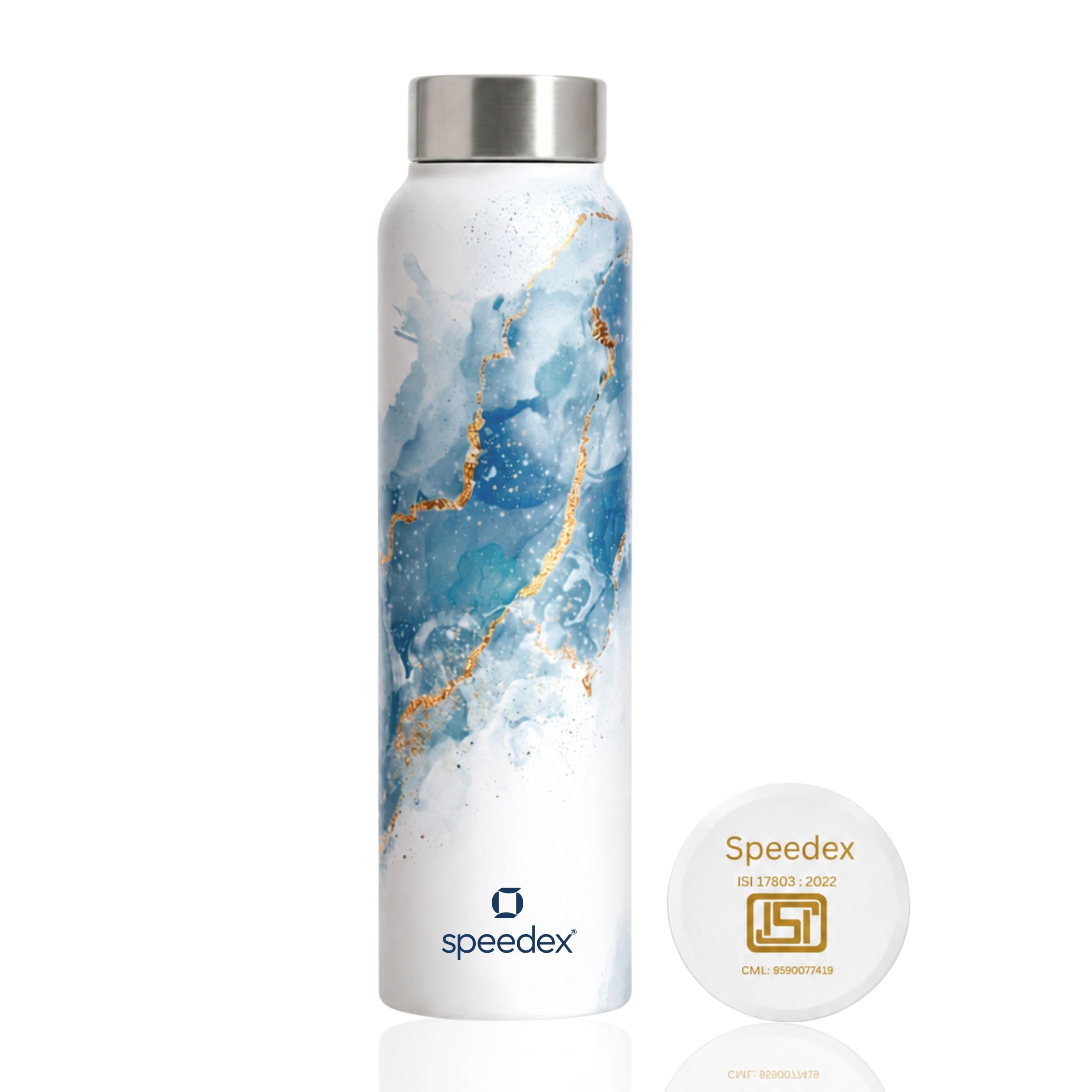 speedex stainless steel printed water bottle 1 ltr 1000 ml, bis approved, leak proof screw cap bottle for office, school, travel, daily use for men, women, kids, adults, ice marble, set of 1
