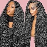 Deep Wave Lace Front Wigs Human Hair Pre Plucked 13x4 HD Transparent Lace Frontal Curly Wigs 28Inch Brazilian Virgin Human Hair Wig 180 Density Glueless Wigs for Women with Baby Hair Natural Black