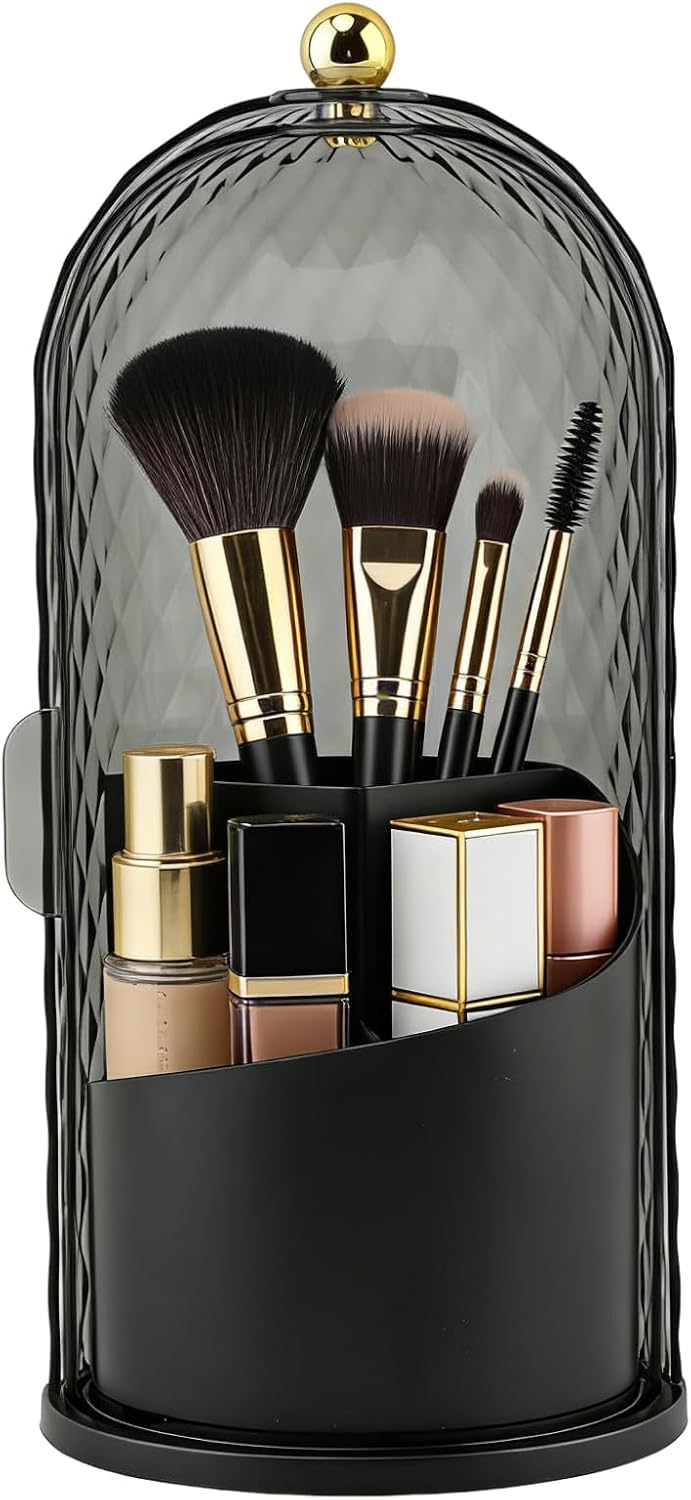 Makeup Brush Holder with Lid, 360 Rotating Dustproof Waterproof Sliding Opening Storage Box, Multifunctional Toothbrush Holder with 3 Compartments for Organized Storage