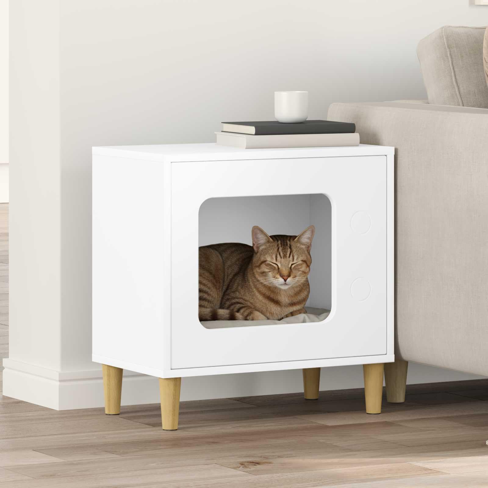 Katzenhaus aus Holzwerkstoff, Katzenhöhle Weiß, 51 x 30 x 52 cm | Stilvoller Rückzugsort für Haustiere im Wohnzimmer. Robuste Konstruktion und pflegeleichte Oberfläche.