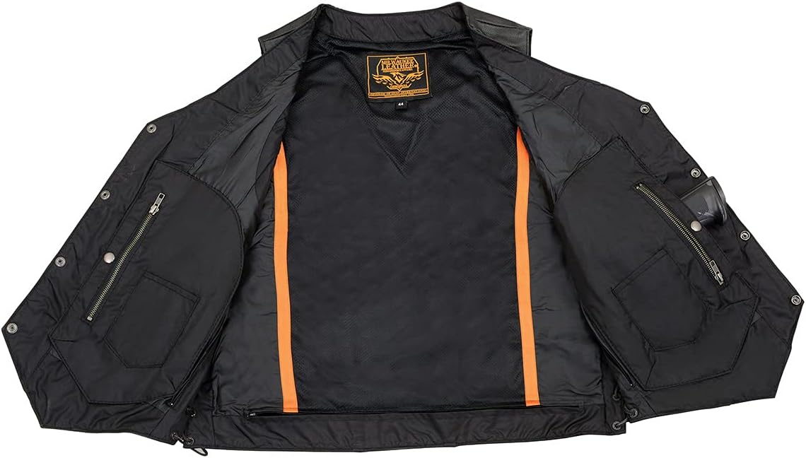 Milwaukee Leather SH1391 Men's Black Leather 10 Pocket V-Neck Side Lace Motorcycle Rider Vest w/Front Snap Closure - Image 5