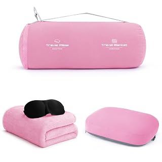 urnexttour 4-in-1 Travel Pillow & Blanket Set with Eye Mask, Memory Foam Neck Support, 50x65 Inch Blanket, Storage Bag for Airplane, Car, Train, Home Travel Pink - Amazon product rated Grade A