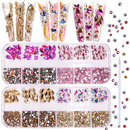 XEAOHESY 2520pcs Flat Back Mineral Gold Crystal AB Rainbow Pink Rhinestones for Nails Nail Crystals Beads Glass Gems Stones for Nails Multi Shapes Sizes Nail Rhinestones for Nail DIY Crafts Jewelry