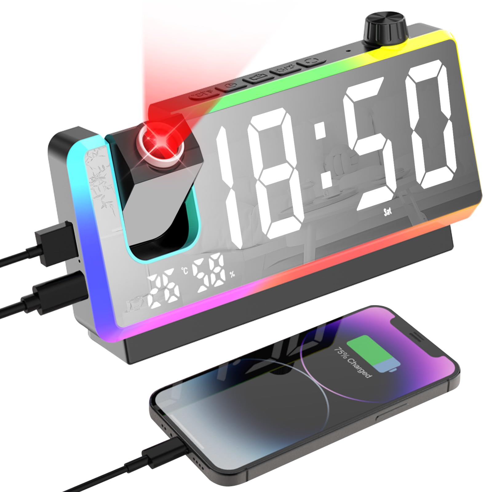 Cuteefun Sveglia con Proiettore Soffitto, Sveglia Digitale da Comodino, Luce Notturna RGB 8 Modalità, Proiettore 180°, Doppia Porta USB, 3 Livelli Luminosità, Temperatura e Umidità, Snooze, Nero