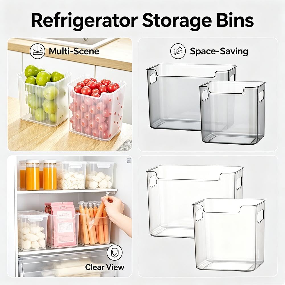 Contenitori per congelatore, confezione da 4 organizer in plastica trasparente per frigorifero e dispensa, contenitori impilabili con manici per alimenti surgelati, carne e verdure