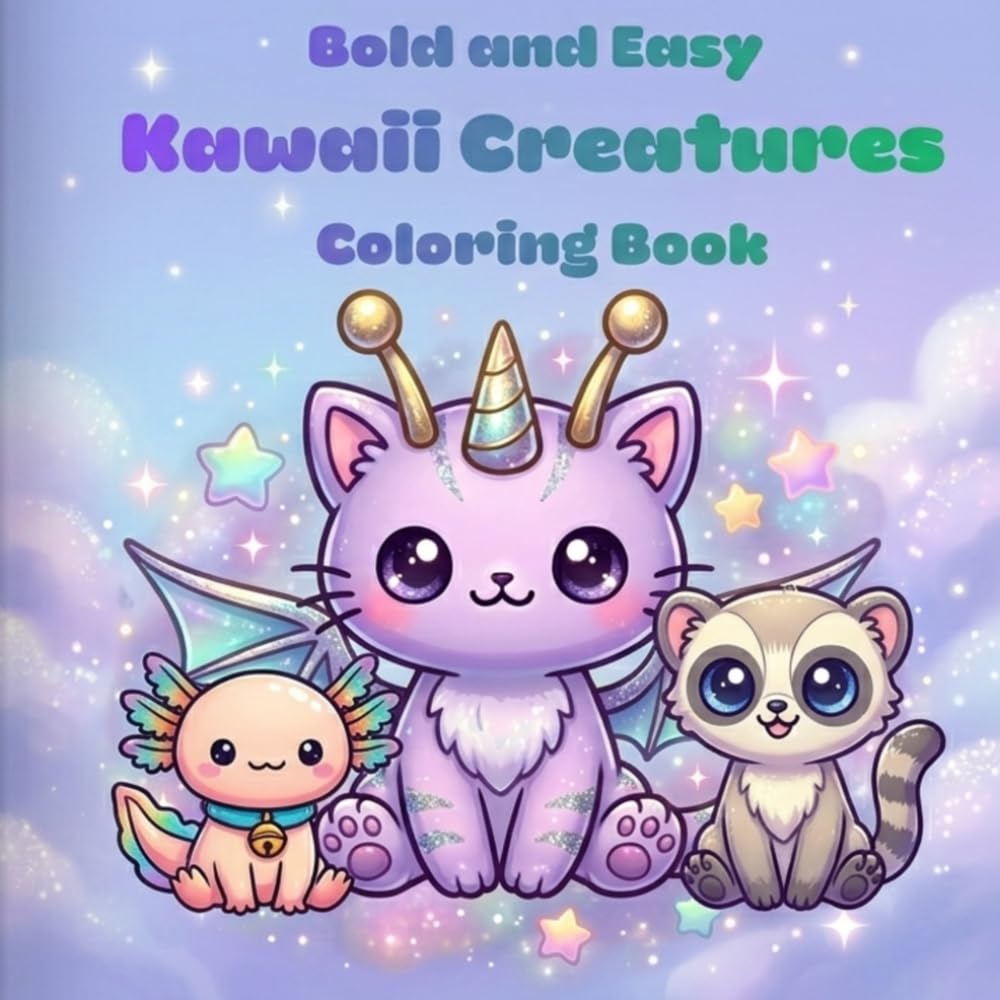 Bold and Easy Kawaii Creatures Coloring Book: 30 Super Cute and Simple Monster Friends for Kids, Toddlers and Beginners (Large Outlines Aesthetic)