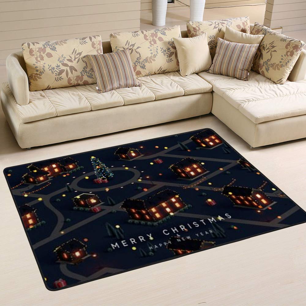 Tapis de Noël village d'hiver noir pour grand salon chaleureux 150x100 cm
