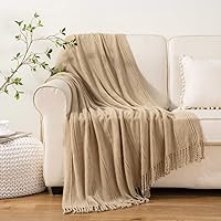 Vista 3 de BATTILO HOME Tan Throw Blanket for Couch, Knitted Boho Tan Throw Blankets for Bed Sofa, Decorative Woven Throws with Tassel, Soft Warm Khaki Blanket