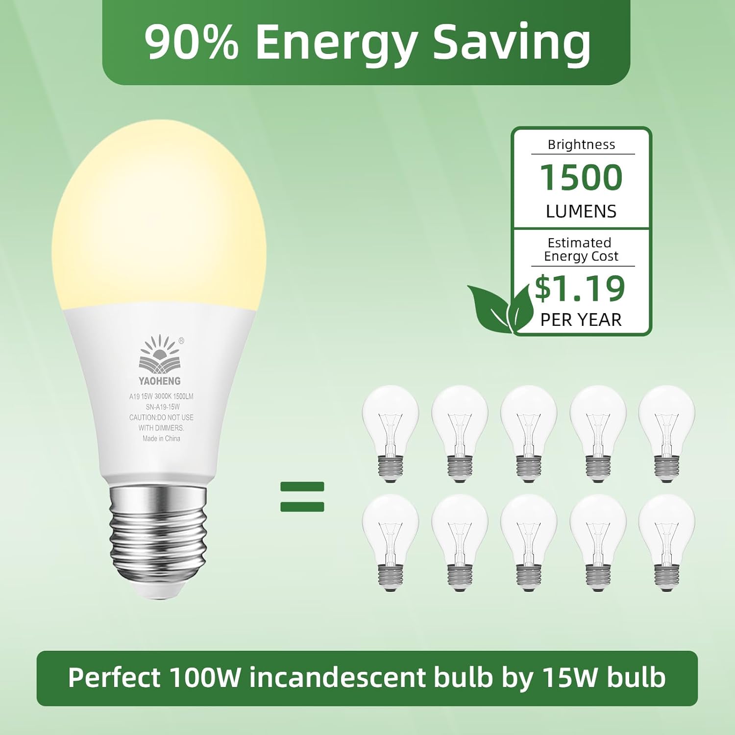 A19 LED Light Bulb, 100 Watt Equivalent LED Bulbs, 3000K Warm White, 1500 Lumens, Standard E26 Base, Non-Dimmable, 15W Super Bright Light Bulbs for Home, Office Lamp, ETL Listed(4-Pack)
