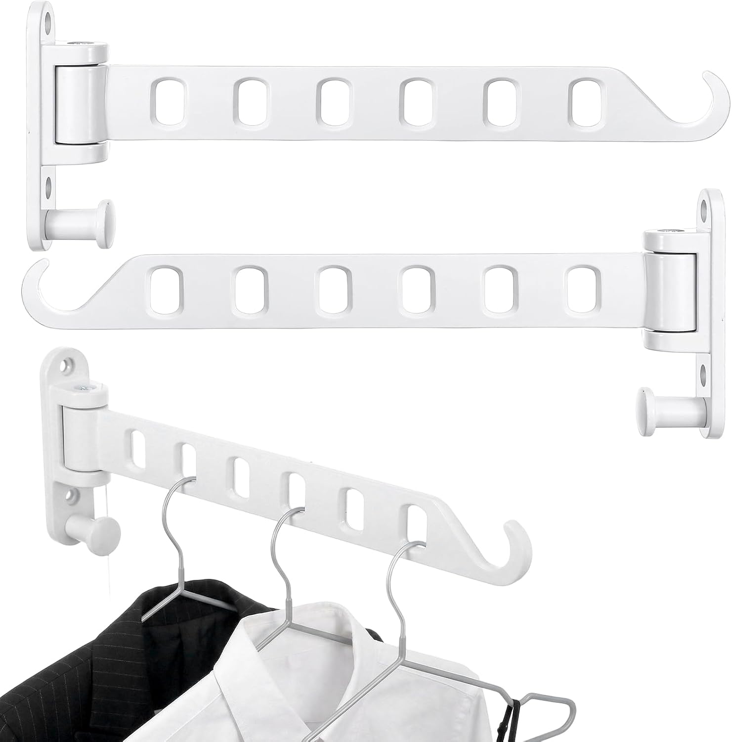 3 Pack Wall Mounted Laundry Drying Rack | 180° Swing Arm Clothes Hanger | Heavy Duty Aluminum Foldable Coat Hook for Bathroom, Closet, Bedroom & Laundry Room, Space Saving (White)
