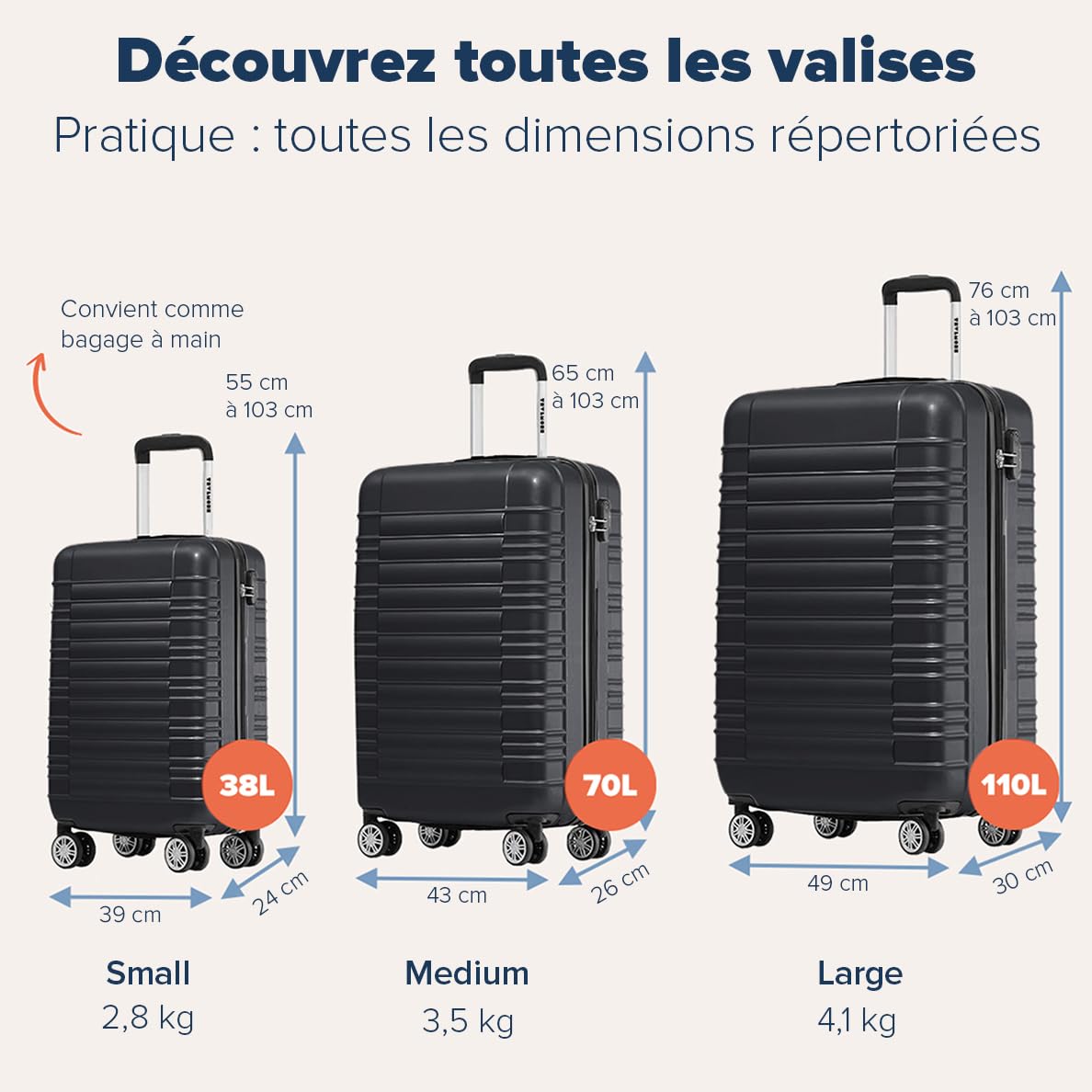 TRVLMORE Set Valise Rigide - Lot Valise - 3 Set de Valise de Voyage - Set Valises Rigides 4 roulettes - Luggage - Set 3 Valises - Ensemble Valise - Suitcase Set - Noir