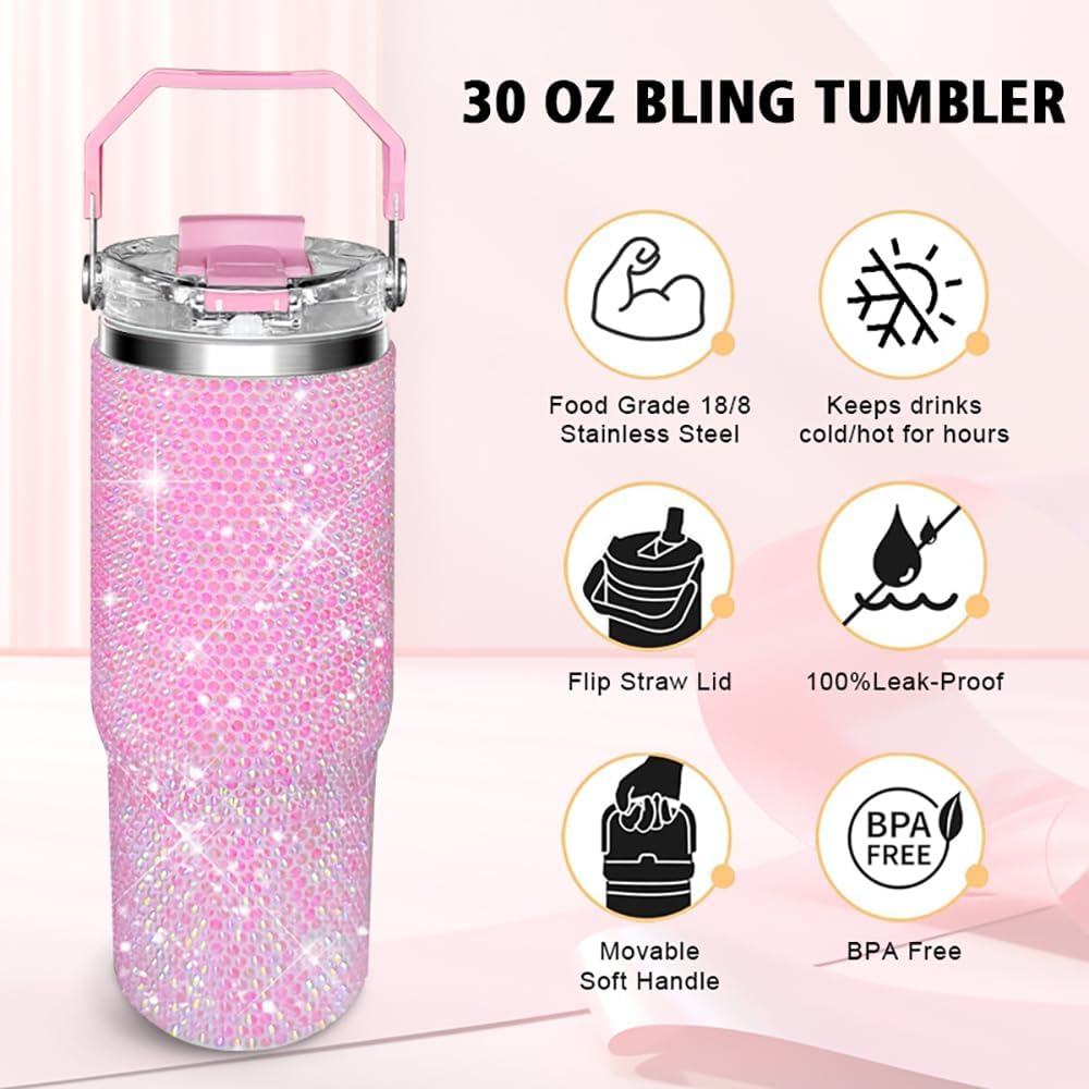 30oz Bling Rhinestone Studded Tumbler with Top Handle, Bling Cups Stainless Steel Water Bottle Diamond Glitter Tumbler for Women - Birthday Gifts for Women, Mom,Get Well Soon Gifts (Pink)