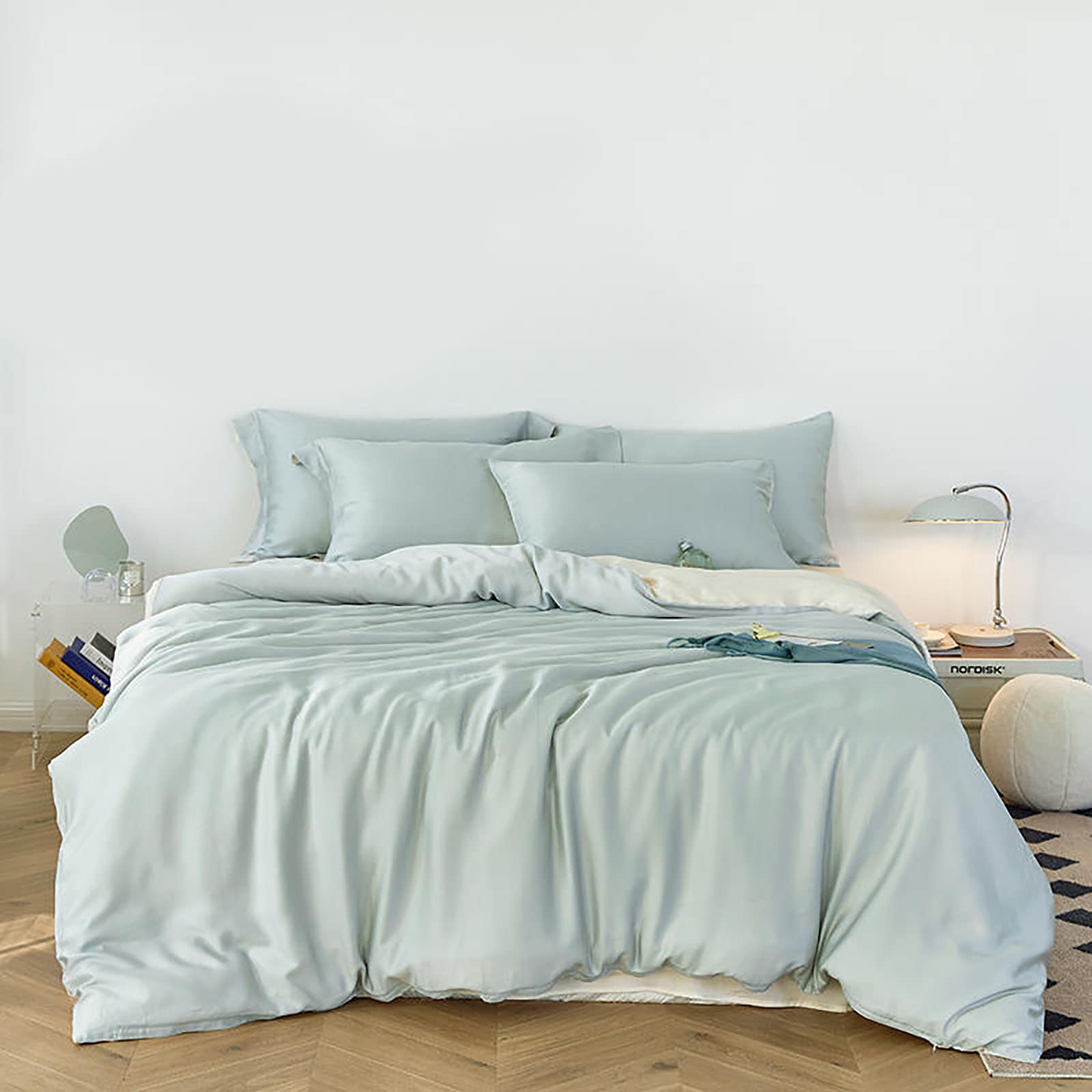 QYZL Tencel Copripiumino in Raso, Set Copripiumino rinfrescante di Lusso con Chiusura a Cerniera e Lacci angolari Biancheria da Letto in eucalipto più Morbida per la Camera da Letto (Blu Completo