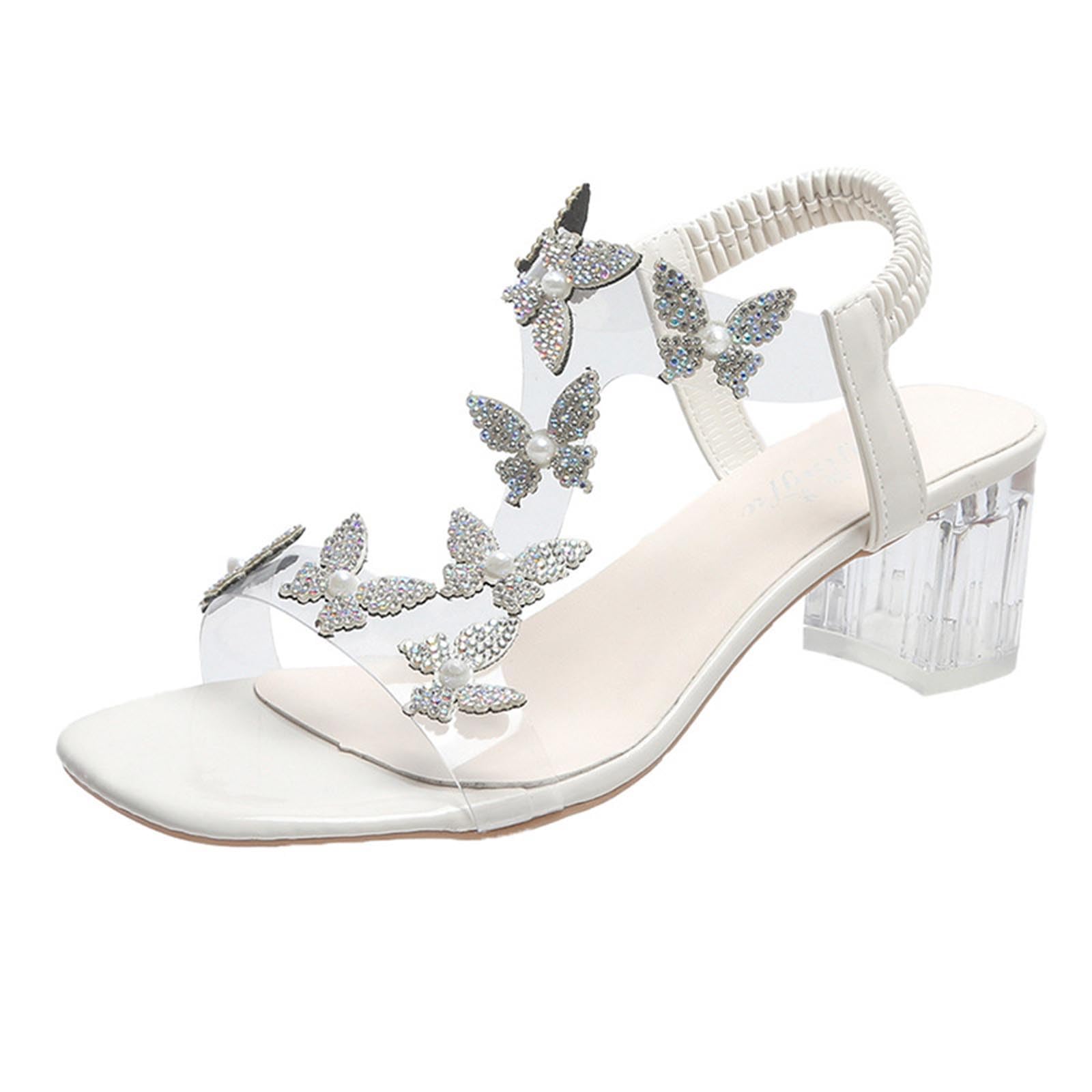 Womens Butterflies Sandals UK Sale, Ladies Rhinestone Shoes Chunky Low Block Heels Sandals Open Toe Strappy Dress Sandals Crystal Sparkling Sandal Wedding Prom Bridal Shoe Summer Party Pumps