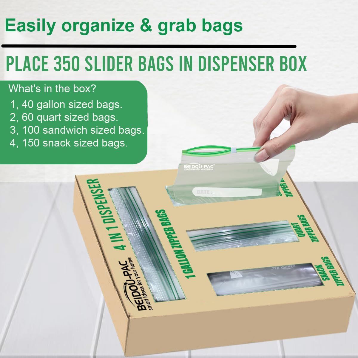 Combo Slider Storage Bags, 350 Count Resealable Variety Pack with Organizer, Reclosable Clear Plastic Snack, Sandwich, Quart,Gallon Size Bags (Variety Pack)