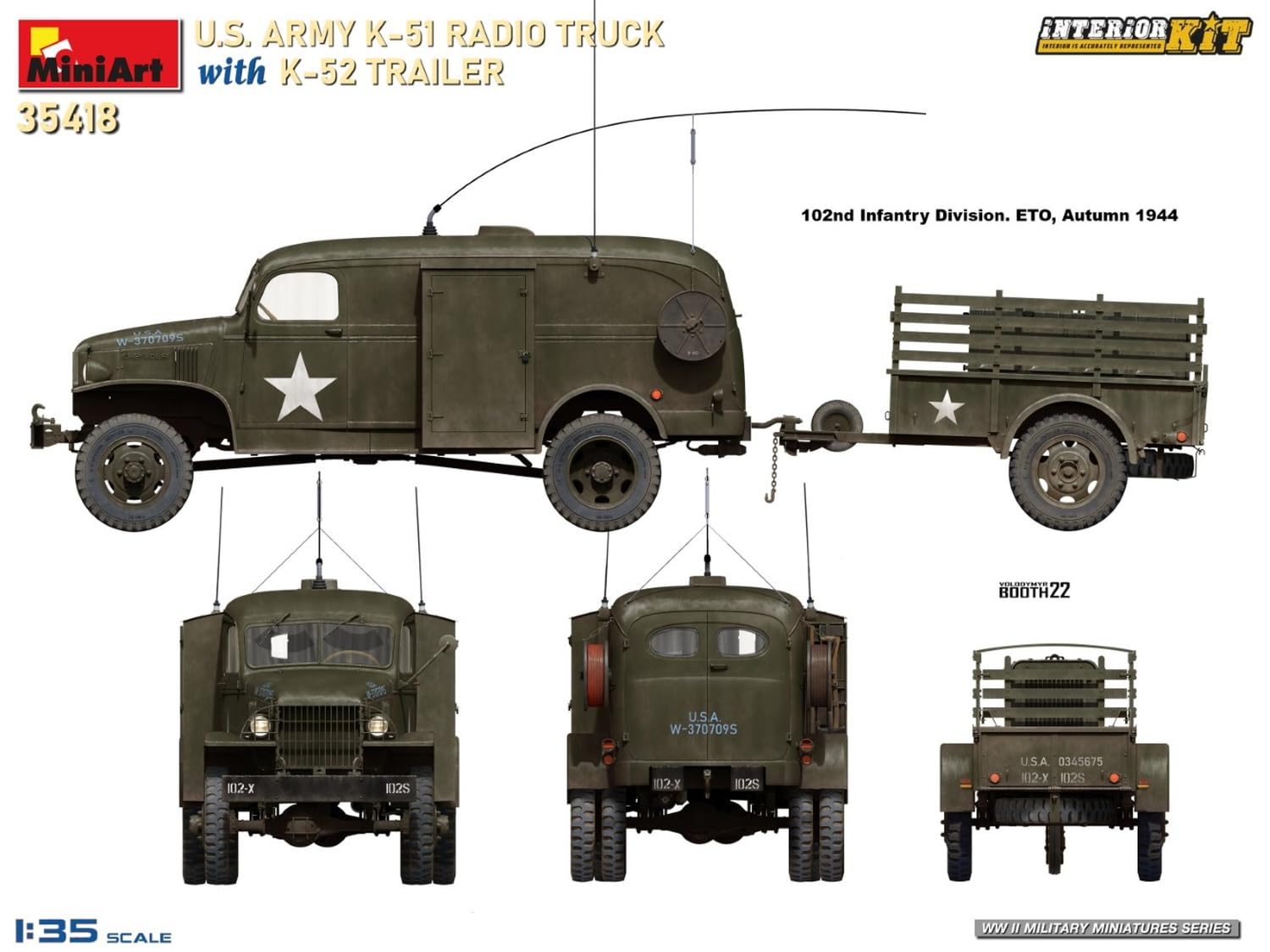 MiniArt 35418 1:35 US Funkwagen K-51 mit Anhäng. K-52 - originalgetreue Nachbildung, Modellbau, Plastik Bausatz, Basteln, Hobby, Kleben, Modellbausatz, Zusammenbauen, unlackiert