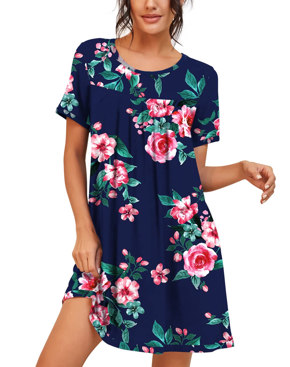 PrinStory Nightgowns for Women Short Sleeve Night Gowns Pleated Sleep Shirt Ladies Nightshirt Soft Sleepwear