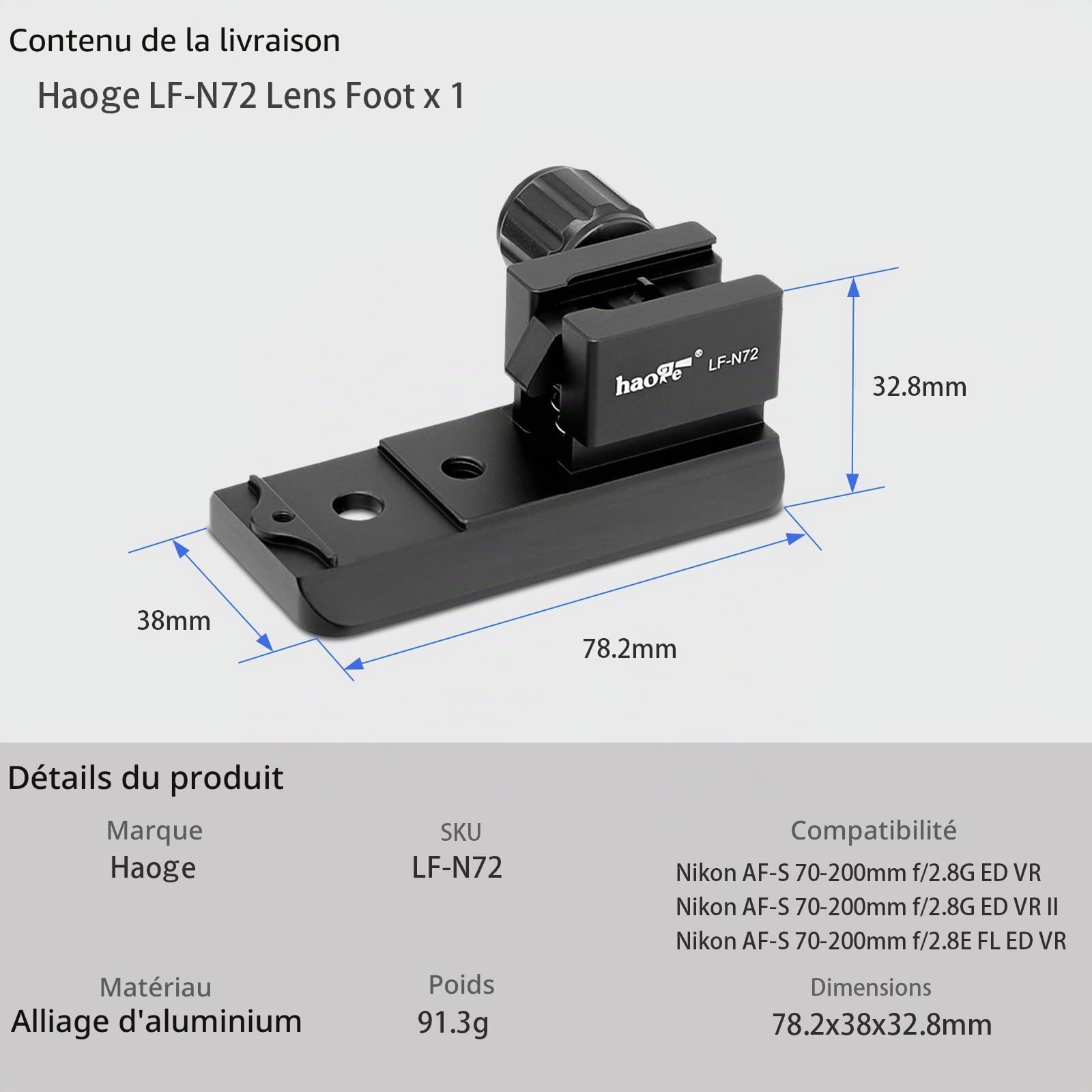Haoge LF-N72 Bague d'adaptation pour trépied pour Nikon AF-S Nikkor 70-200 mm f2.8G ED VR I II, 70-200 mm f2.8E FL ED VR et 500 mm f5.6E PF ED VR Plaque de dégagement rapide intégrée Arca Swiss
