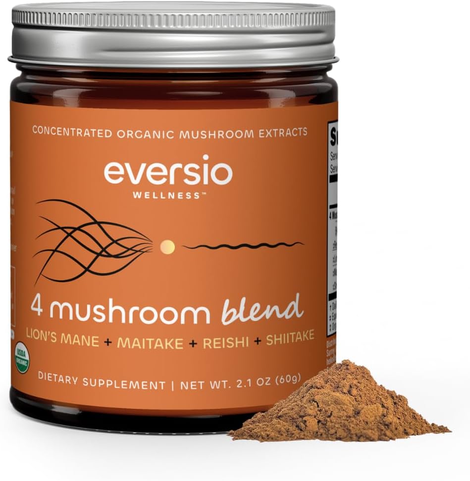 Organic 4 Mushroom Blend Complex Powder – Reishi, Lion’s Mane, Maitake & Shiitake Fruiting Body Extract Blend – Daily Immune & Stress Support – 60 Servings (60g) – EVERSIO WELLNESS