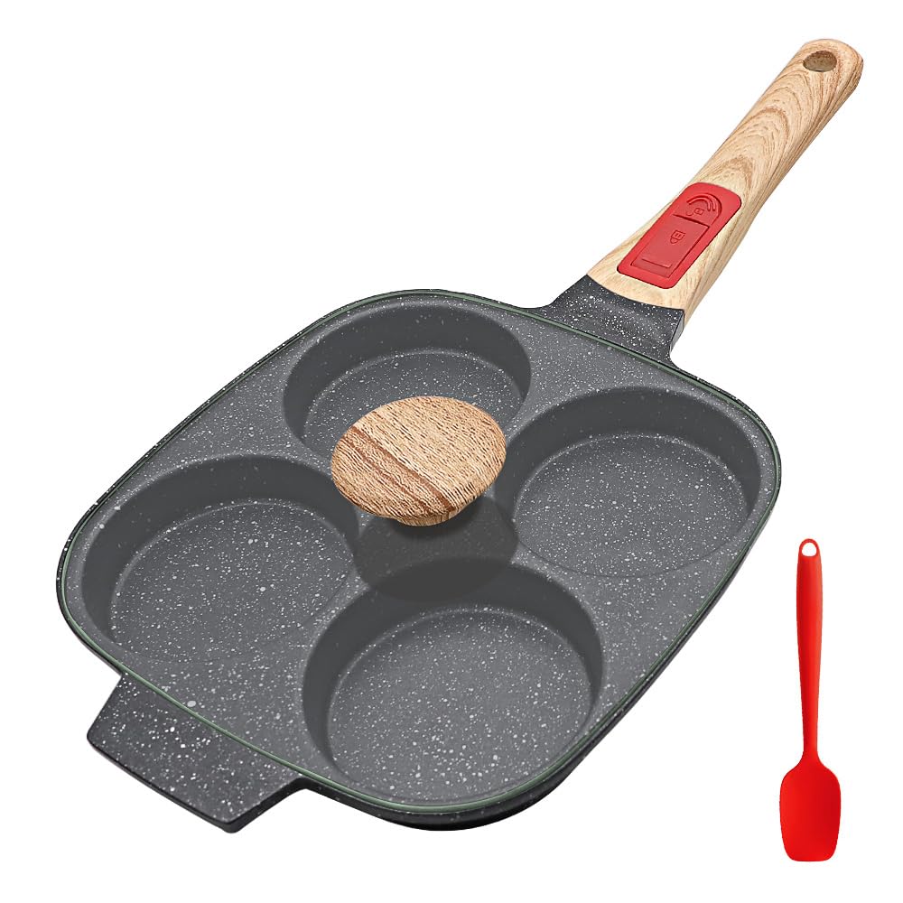 Bobikuke 4-Slot Pan with Removable Handle and Lid, Non-Stick Aluminium Pancake Pan Suitable for All Heat Sources Including Induction - Black