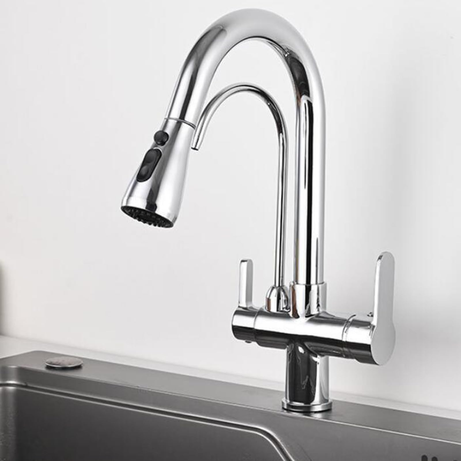 ZYCHSJXA 3 Way Kitchen Tap Pull Out Swivel Sink Taps Brass 2 Water Outlets Purified Hot and Cold Water-Chrome Plated