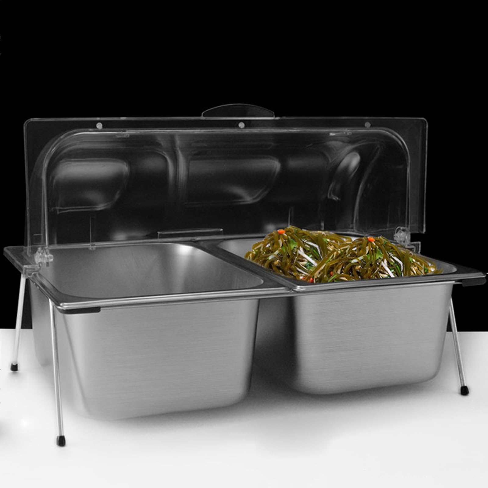 WDSOPK 9 Pan Stainless Steel Food Display Container Set with Clear Lids Countertop Spice Rack & Pantry Buffet Containers for Sauces Jams and Condiments