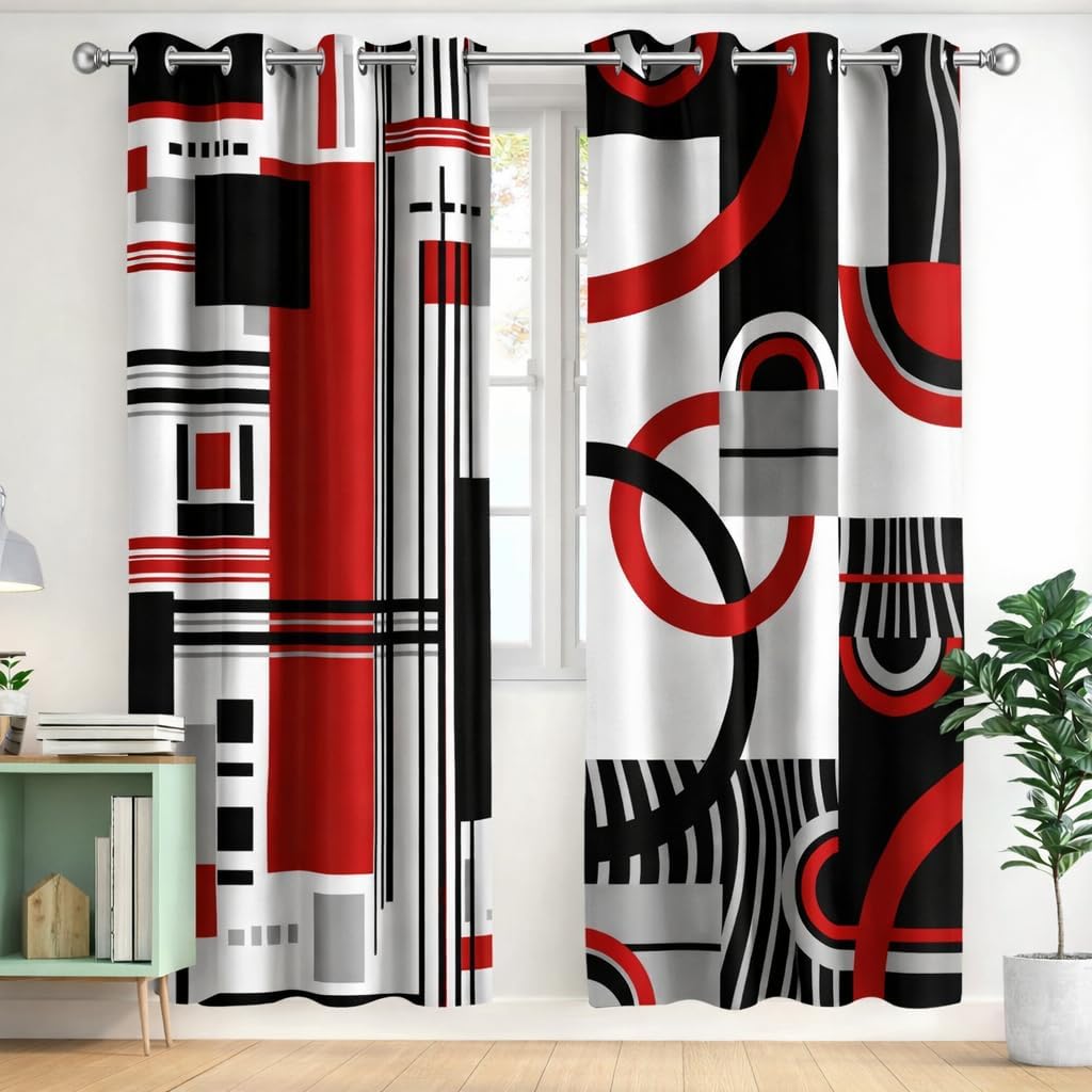 Red Black Geometric Curtains Modern Plaid Abstract Art Black and White Stripes White Blackout Curtains for Bedroom Living Room 2Panels 42x84Inch