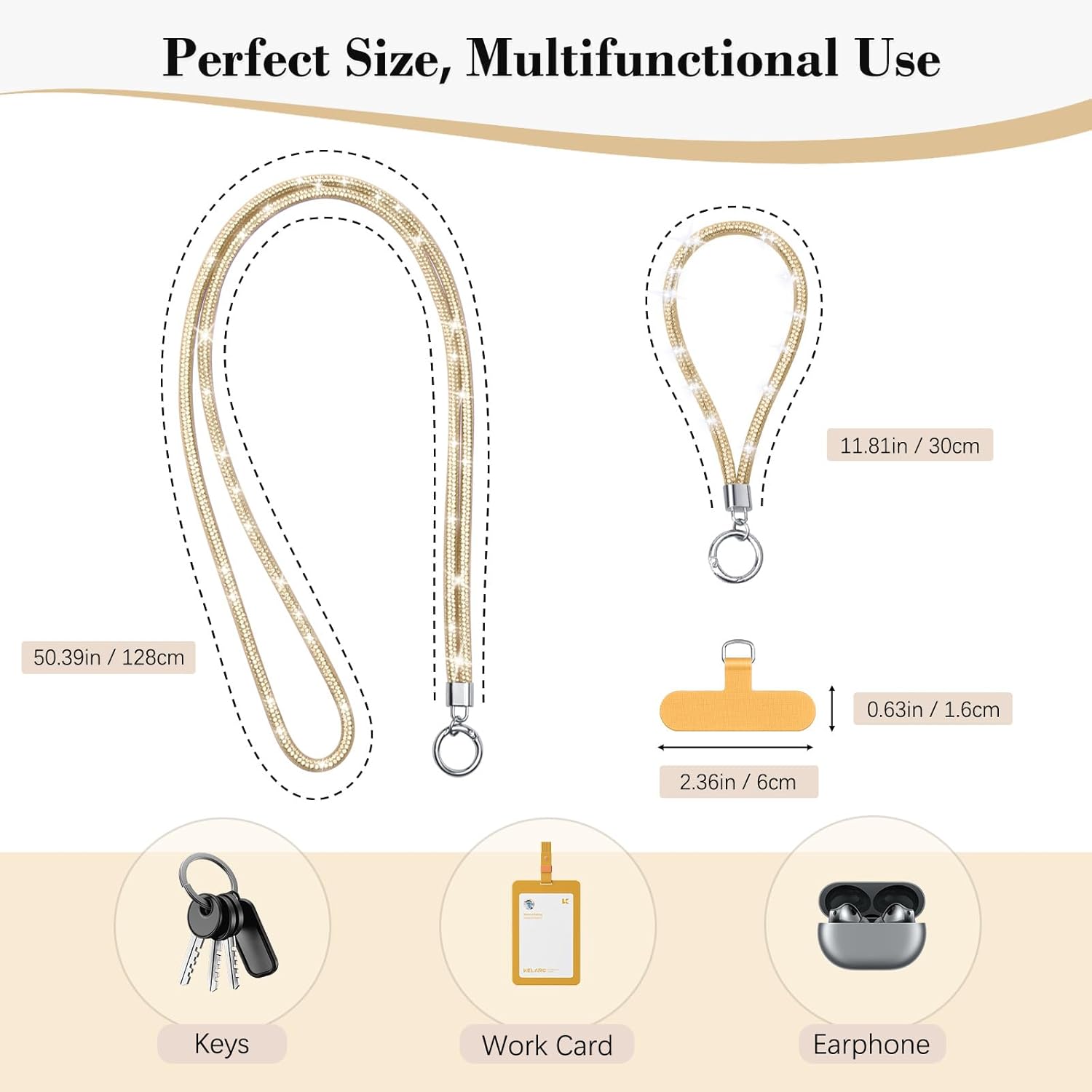TiMOVO Universal Phone Lanyard Crossbody, Rhinestone Cell Phone Chain Anti-Theft with 1× Shiny Strap, 1× Wrist Strap, 2× Pads for Most Smartphones, Smartphone Neck Holder for Women, Gold - Image 5